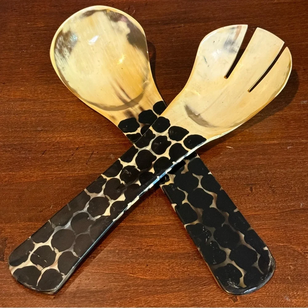 Carved Horn Spoon & Fork Salad Serving Set from Kenya - Cheetah Spot